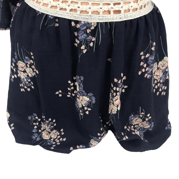 TRAC Navy Blue Floral Print Crochet Lace Cutout Romper One Piece SZ M - Picture 6 of 8